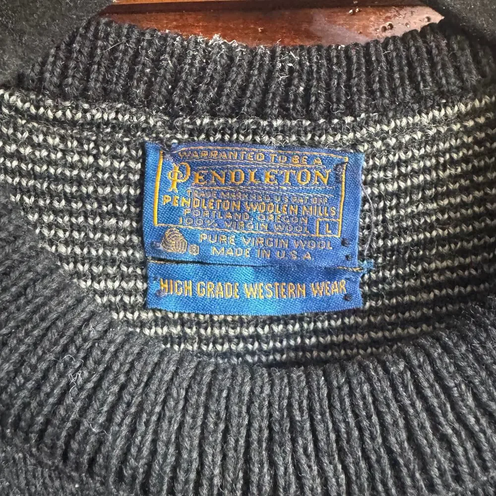 Pendleton Western Wear Black Knit Vintage 70s Unisex Wool L Sweater - Picture 5 of 11